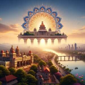 A serene, hyperrealistic depiction of the transition from Mysore to Karnataka. The scene is set against a backdrop of a lush, vibrant landscape with rolling hills and traditional architecture of Mysore in the foreground transitioning to modern cityscapes symbolizing Karnataka. In the center, a large, intricate mandala symbolizing unity and change glows softly, with hues of saffron and peacock blue. Elements such as the Mysore Palace and Vidhana Soudha are subtly incorporated. A calm river flows through the scene, symbolizing continuity and progress. The atmosphere is tranquil, with warm, ethereal lighting illuminating cultural motifs like lotus flowers and traditional patterns. The overall tone reflects harmony, heritage, and innovation.