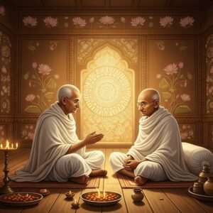 An ethereal scene featuring Mahatma Gandhi and Mahadev Desai in a serene, golden-hued room. Gandhi, in his iconic white dhoti and shawl, sits cross-legged on a simple wooden floor, with a peaceful expression. Beside him, Mahadev Desai, in traditional Indian attire, sits slightly behind, attentively listening with a warm, respectful demeanor. The room is adorned with intricate patterns reminiscent of Madhubani and Pattachitra art, with soft pastel-colored lotus motifs and glowing mandalas subtly adorning the walls. A gentle, spiritual light bathes the scene, highlighting the bond and synergy between the two figures. The atmosphere is calm and reflective, capturing the essence of their profound connection and shared dedication to peace and non-violence.