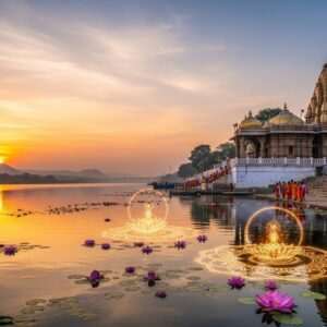 A serene, ethereal landscape depicting the tranquil beauty of Ahmednagar's spiritual sites at dusk. In the foreground, a peaceful river reflects the soft glow of a setting sun, casting warm golden and pastel pink hues across the sky. On one side of the riverbank, a majestic ancient temple with intricate carvings and golden accents stands proudly, surrounded by lush greenery. In the distance, gentle hills fade into the horizon, shrouded in a delicate mist. The scene is adorned with floating lotus flowers and soft, glowing mandalas hovering above the water, exuding a sense of peace and divinity. Indian pilgrims in traditional attire are seen in quiet reflection along the river's edge, their silhouettes adding to the composition's harmony. The atmosphere is one of mindfulness and tranquility, inviting the viewer to embark on their own spiritual journey.