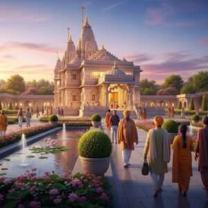 A serene and ethereal depiction of Geeta Mandir in Jalandhar, with an intricate blend of traditional Indian architecture and modern urban elements. The temple is bathed in a soft, warm golden glow, with its towering spires and ornate carvings beautifully highlighted against a dusky sky. Lush gardens with blooming lotus flowers and tranquil water features surround the temple, creating a sense of peace and spirituality. Indian people of different ages, dressed in traditional attire with modern accessories, are seen in harmony, walking towards the temple with a sense of purpose and devotion. The scene captures the essence of a spiritual oasis amidst an urban landscape, with soft pastel hues enhancing the calming atmosphere. The art style is hyperrealistic with a touch of surreal fantasy, inviting viewers to explore the sacred space.
