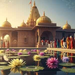 A serene, ethereal depiction of Geeta Mandir in Jalandhar, bathed in soft, golden light of the early morning sun. The temple's intricate architecture is highlighted with rich maroon and peacock blue accents, reflecting traditional Indian art forms. In the foreground, a tranquil lotus pond with soft pastel-colored lotus flowers gently floating on calm water surfaces. The atmosphere is peaceful and spiritual, with gentle, glowing mandalas subtly illuminating the scene. Indian devotees, dressed in elegant traditional attire, are seen respectfully entering the temple. The overall composition is hyperrealistic with a surreal touch, capturing the essence of spiritual journey and heritage.