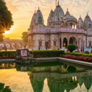 A serene, ethereal scene of the Geeta Mandir in Jalandhar's Model Town, bathed in soft, warm golden light during an early morning sunrise. The temple's intricate architecture is highlighted with delicate patterns reminiscent of traditional Madhubani and Pattachitra art, featuring motifs like lotus flowers and peacock feathers. In the foreground, a calm water surface reflects the temple's glowing facade, surrounded by lush greenery. Hindu spiritual symbols are subtly incorporated into the landscape. The atmosphere is tranquil and spiritual, with a few Indian devotees in traditional attire meditating or walking peacefully in the temple grounds. The overall mood is one of serenity and harmony, inviting viewers to explore the peaceful ambiance of these sacred spaces.