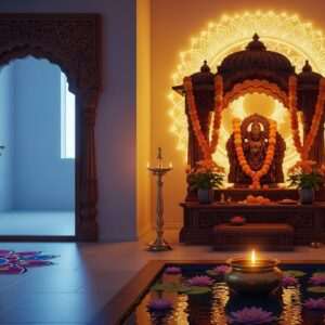 A serene Indian pooja room with an intricately carved wooden altar adorned with golden ornaments and fresh marigold garlands. A soft, warm glow emanates from oil lamps placed symmetrically on either side of the altar. In the foreground, a small, calm water bowl with floating lotus flowers reflects the gentle light. The background features a subtly glowing mandala pattern on a saffron-colored wall, symbolizing spiritual energy. To the side, the entrance is visible, framed by ornate door carvings, with a traditional rangoli pattern on the floor made of vibrant colors like peacock blue and maroon. The scene is tranquil and ethereal, invoking a sense of harmony and mindfulness, with a modern digital aesthetic touch in its composition and lighting.