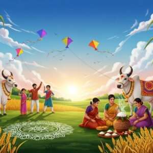 A serene Indian landscape depicting the vibrant celebration of Makar Sankranti and Pongal. In the foreground, a group of Indian families in traditional attire are joyfully flying colorful kites against a clear blue sky adorned with soft, pastel-colored clouds. Nearby, a beautifully decorated bull with painted horns and floral garlands stands beside a group of women preparing traditional Pongal dishes, steam gently rising from clay pots. The scene is set amidst lush green fields and golden wheat crops, bathed in the warm glow of a setting sun. Intricate patterns of rangoli with lotus motifs adorn the ground, and large stylized sugarcane stalks frame the scene. The art style is a harmonious blend of traditional Indian elements and modern digital aesthetics, with rich, deep colors and a tranquil, ethereal quality.