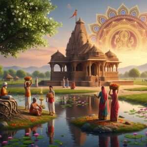A serene and ethereal landscape of Pali, capturing its rich cultural heritage and history. The scene depicts a vibrant, surreal setting with a grand ancient temple at the forefront, showcasing intricate carvings and traditional architecture. Soft, glowing lights illuminate the temple, creating a spiritual ambiance. Surrounding the temple are lush green fields and tranquil water bodies reflecting the pastel hues of dawn. In the sky, a large, glowing mandala subtly blends into the clouds, symbolizing spirituality and harmony. Indian villagers in traditional attire are seen engaging in daily rituals, adding life to the scene. The color palette consists of rich golds, maroons, and peacock blues, blended with serene pastels to give a modern digital aesthetic to the heritage-rich setting. The image should be hyperrealistic, drawing viewers into Pali's historical and cultural essence.