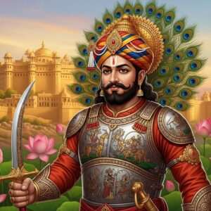 An ethereal and majestic depiction of Bappa Rawal, the legendary hero, standing proudly in traditional Rajput warrior attire. His armor is intricately adorned with traditional motifs and patterns inspired by Pattachitra and Madhubani art. The scene is set against a backdrop of a grand, golden fort with intricate carvings, symbolizing Chittorgarh. The sky is a serene mix of pastel blues and soft pinks, casting a warm, glowing light over the scene. Around him are stylized peacock feathers and lotus flowers, adding to the regal atmosphere. His expression is one of courage and wisdom, capturing the spirit of a revered leader. The overall art style is hyperrealistic with a surreal touch, integrating digital aesthetics with traditional Indian art forms.