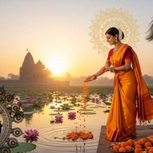A serene, ethereal depiction of an Indian woman dressed in a vibrant saffron saree, gracefully performing a traditional ritual on Basant Panchami. She stands beside a tranquil, lotus-filled pond, her hands gently releasing marigold petals into the water. Around her, a glowing golden mandala floats in the air, casting soft, warm light that mingles with the pastel hues of the dawn sky. In the background, the outline of an ancient temple is silhouetted against the rising sun, while peacock feathers and delicate patterns inspired by Madhubani art subtly embellish the scene. The atmosphere is serene and spiritual, capturing the essence of wisdom and sacred traditions with a modern digital aesthetic.