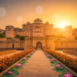 A panoramic view of the majestic Chittorgarh Fort, basking in the golden hues of a setting sun. The fort's towering walls and historic gates are bathed in a warm, ethereal glow, with intricate carvings and traditional Rajasthani architectural details highlighted. In the foreground, a serene pathway lined with blooming marigolds and lotus flowers leads the viewer's eye towards the fort. Traditional motifs subtly integrate with modern digital aesthetics, such as delicate digital mandalas floating in the sky. The scene captures the essence of ancient heritage meeting modern exploration, with an air of tranquility and adventure. The overall atmosphere is one of awe and inspiration, inviting the viewer to embark on a journey to this iconic historical site.