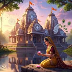 A serene and ethereal scene depicting the sacred Devi Temples of Sasaram nestled amidst lush greenery and ancient banyan trees. In the foreground, a beautifully adorned Indian woman, dressed in a traditional saffron and maroon saree with intricate gold embroidery, is seen offering a lotus flower at the temple steps. The temples are intricately carved with traditional motifs, glowing softly under the pastel hues of the dawn sky, with rays of warm gold sunlight streaming through. Delicate patterns of mandalas and peacock feathers embellish the temple's façade. The atmosphere exudes tranquility and spirituality, with gentle ripples on a nearby calm water surface reflecting the temple's grandeur. The art style is a harmonious blend of traditional Indian aesthetics with modern digital surrealism, capturing the essence of divinity and peace.