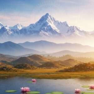 An ethereal landscape depicting the majestic Indian mountain ranges: the Aravalli, Himalaya, and Vindhya. In the foreground, the serene Aravalli range, with its rolling hills and sparse vegetation, is bathed in a warm, golden light. In the middle, the towering Himalayas, with their snow-capped peaks, rise majestically into a sky painted in soft pastel hues of blue and pink. In the background, the Vindhya range is depicted with its dense forests and deep valleys, enveloped in a mystical, tranquil mist. The scene is adorned with intricate cultural motifs like mandalas subtly blended into the clouds, and lotus flowers gently floating on a calm water surface at the base. The overall composition is hyperrealistic, blending traditional Indian artistry with modern digital aesthetics to create a captivating and serene visual narrative of India's mountain heritage.