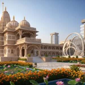 A breathtaking scene capturing the spiritual essence of Jalandhar's Geeta Mandir and Football Chowk. In the foreground, the majestic Geeta Mandir stands tall, its intricately carved pillars and domes reflecting the rich heritage of Indian temple architecture. The temple is bathed in a warm, golden glow that highlights its detailed carvings and spiritual symbols. Surrounding the temple are lush gardens with vibrant marigold and lotus flowers, adding a touch of nature's beauty. In the background, Football Chowk is depicted with a contemporary twist, showcasing a harmonious blend of traditional charm and modern aesthetics. The scene is illuminated by soft, ethereal lighting, creating a serene and inviting atmosphere that captures the allure of Jalandhar's spiritual landmarks. The overall composition emphasizes tranquility, spirituality, and cultural richness, drawing readers into the heart of this iconic location.