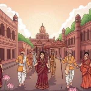 In a serene and ethereal landscape, a beautifully detailed illustration of Jaynagar Majilpur's cultural essence unfolds. A vibrant procession of Indian men and women dressed in exquisite traditional attire, adorned with intricate gold jewelry, moves gracefully through a street lined with historical buildings featuring classic Bengal architecture. The scene is alive with rich colors of maroon, saffron, and peacock blue, blending traditional Madhubani and Pattachitra patterns with modern digital aesthetics. In the background, a glowing mandala sun casts a warm, soft light, adding a surreal touch. Lotus flowers and cultural motifs subtly integrate into the architecture and surroundings. The atmosphere is tranquil and harmonious, inviting readers to explore the depths of Jaynagar Majilpur's heritage. The overall composition balances heritage with a modern digital touch, capturing the viewer's imagination instantly.
