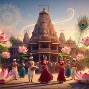 A breathtaking scene of Jaynagar Majilpur's vibrant cultural festival, captured in a hyperrealistic style. In the foreground, elegantly dressed Indian men and women in traditional attire (sarees and dhotis) adorned with intricate gold jewelry and colorful bangles, are engaging in a traditional dance. The dancers are surrounded by large, ethereal lotus flowers and beautifully detailed peacock feathers. In the background, the ancient architecture of Jaynagar Majilpur is illuminated by warm, glowing lights, highlighting its historical significance. The sky is a blend of pastel hues with floating mandalas and gentle swirls of golden light, creating an aura of serenity and spiritual harmony. The overall atmosphere is one of celebration, tradition, and cultural richness, enticing viewers to delve deeper into the story of Jaynagar Majilpur.