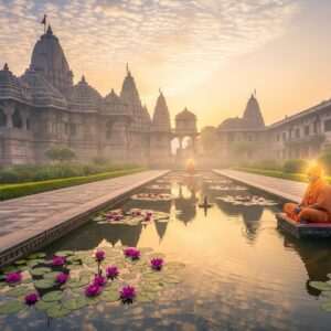 A serene and ethereal landscape depicting the mystical Gupta Dham and Pilot Baba Ashram. The scene captures a tranquil morning, with soft, pastel-hued mist enveloping the sacred grounds. In the foreground, an intricately designed pathway leads through lush greenery and blooming lotus ponds towards the ancient temple structures, adorned with spiritual motifs and glowing softly in the gentle light. A spiritual figure, dressed in traditional Indian attire, meditates peacefully near a calm water surface, with a faint aura surrounding them. The sky is a palette of warm golds and pale pinks, dotted with luminous mandalas. The overall composition is serene and otherworldly, blending traditional Indian spiritual themes with a modern digital aesthetic.