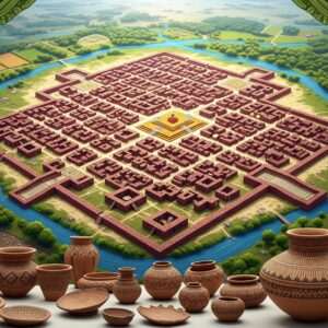 A mesmerizing aerial view of the ancient city of Kalibanga, depicted with intricate patterns reminiscent of traditional Indian art forms, infused with modern digital aesthetics. The scene is bathed in a soft, ethereal glow, highlighting the grid-like layout of the city with its meticulously arranged brick structures and streets. Rich, deep colors such as maroon, saffron, and peacock blue bring the city to life, surrounded by stylized depictions of lush greenery and flowing river waters. In the foreground, ancient pottery and artifacts are showcased with detailed engravings and patterns, echoing the craftsmanship of the Indus Valley Civilization. The overall composition exudes a sense of discovery and history, inviting viewers into a world of ancient mysteries and cultural richness.