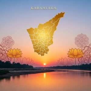 A serene and ethereal landscape of Karnataka's rich cultural heritage, featuring an intricate, golden map of Karnataka with highlighted taluks, glowing softly against a pastel backdrop. The map is surrounded by traditional Indian motifs such as stylized lotus flowers and mandalas in shades of saffron, maroon, and peacock blue. In the foreground, a peaceful river reflects the soft light of a setting sun, casting a warm glow across the scene. This dreamlike composition captures the essence of Karnataka's history and modernity, inviting the viewer to explore further. The overall tone is tranquil and inviting, with a balance of traditional elements and contemporary digital aesthetics.