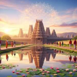 A serene, ethereal scene depicting a panoramic view of Karnataka's sacred geography. The foreground showcases a tranquil, reflective water surface surrounded by lush greenery and blooming lotus flowers. In the background, a series of ancient, intricately carved temple structures rise majestically, bathed in soft golden and pastel pink light. The sky is adorned with glowing mandalas and gentle clouds, creating a harmonious and spiritual atmosphere. Indian pilgrims, dressed in traditional attire with modern accents, are seen walking towards the temples, their expressions serene and contemplative. The scene captures the essence of a spiritual journey, blending traditional Indian art with modern digital aesthetics.