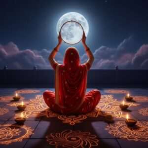 A serene, ethereal scene depicting a traditional Indian woman sitting gracefully on a terrace under the starry night sky, dressed in a vibrant red saree with golden embroidery. She is holding a beautifully ornate sieve, peering through it at the full moon which casts a soft, glowing light. Surrounding her are intricate patterns of lotus flowers and mandalas, subtly glowing with warm hues of saffron and maroon. The scene captures the essence of Karwa Chauth, emphasizing spirituality and devotion with a modern digital aesthetic that blends traditional motifs with surreal, tranquil elements. The terrace is adorned with diya lamps casting a gentle glow, enhancing the overall ambiance of peace and mindfulness.