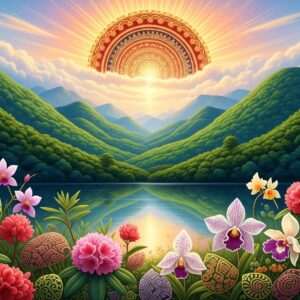 A serene, ethereal landscape of the Khasi Hills, showcasing lush, rolling green hills under a soft, pastel blue sky. The scene is filled with rich, deep colors, with a prominent large, glowing mandala sun in the background. Intricate patterns of native flora like rhododendrons and orchids are woven into the scene, with cultural motifs subtly incorporated into the foliage. A calm, reflective water surface at the base of the hills adds to the tranquility. The art style is hyperrealistic with a touch of fantasy, blending traditional Indian art forms with modern digital aesthetics. The atmosphere emphasizes peace, harmony, and the unique beauty of the Khasi Hills.