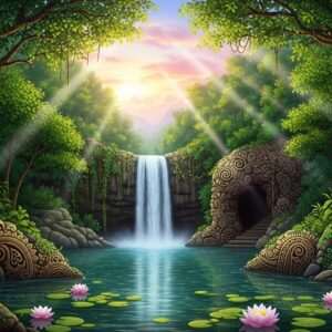 A breathtaking scene of the Khasi Hills, showcasing a mystical waterfall cascading down into a serene pool surrounded by lush, verdant forests. The foreground features intricate patterns of traditional Indian motifs seamlessly blending into the landscape. In the distance, the entrance to a cave is visible, casting an aura of mystery and adventure. The sky above is painted in soft pastel hues of pink and blue, with rays of warm gold sunlight filtering through the trees, creating an ethereal glow. The composition includes delicate lotus flowers floating on the water's surface, adding a touch of tranquility and spiritual connection to nature. Art style is hyperrealistic with a serene, dreamlike quality, capturing the essence of exploration and harmony with nature.