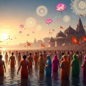 A vibrant, ethereal depiction of the Kumbh Mela 2026, capturing the essence of this grand spiritual gathering. The scene shows a serene riverside at dawn, with the river Ganges shimmering under a golden-hued sky. Pilgrims, clad in colorful traditional Indian attire, are shown taking a holy dip in the sacred waters. In the background, intricate patterns of glowing mandalas and lotus flowers float in the air, adding a touch of spirituality and wonder. The setting sun casts a warm, soft glow over the scene, highlighting the tranquil yet vibrant atmosphere. Temples and spiritual flags flutter in the gentle breeze, symbolizing the rich cultural heritage of India. The art style combines traditional Indian elements with modern digital aesthetics, ensuring a hyperrealistic and captivating image that invites viewers to explore the article further.