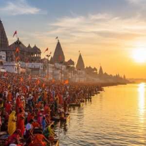 A breathtaking scene of the Kumbh Mela at sunrise, with a vast gathering of Indian pilgrims dressed in vibrant, traditional attire along the banks of the sacred river. The scene captures the spiritual energy with a golden, ethereal glow cast over the water and the silhouettes of devotees performing rituals. In the background, intricately designed temple structures rise majestically, adorned with flags fluttering in the gentle breeze. The sky is painted in soft pastels of dawn, reflecting in the calm waters. The image has a surreal, hyperrealistic quality, focusing on the harmony and spirituality of this grand event.
