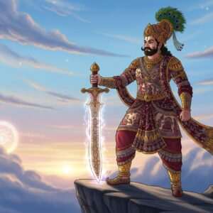 A majestic depiction of Bappa Rawal, a legendary Indian warrior king, standing tall on a rocky cliff, overlooking a vast, serene landscape at dawn. His regal attire is adorned with intricate patterns and motifs inspired by Madhubani and Pattachitra art. In his right hand, he holds an enormous, intricately carved sword that glistens with an ethereal glow in the early morning light. His armor is detailed with gold and maroon hues, while his majestic turban is embellished with peacock feathers. The background features a mystical sky painted in soft pastel shades of blue and pink, with glowing mandalas subtly integrated into the clouds. The scene captures a sense of valor, history, and spirituality, inviting viewers into a legendary tale. The overall aesthetic blends tradition with modern digital artistry, ensuring a captivating and timeless visual experience.