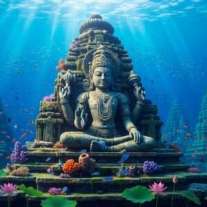 A serene underwater scene depicting an ancient Vishnu temple, nestled in a vibrant coral reef. The temple is adorned with intricate carvings of Vishnu, who is depicted with four arms holding a conch, discus, lotus, and mace. Soft shafts of light penetrate the water's surface, casting a mystical glow on the temple ruins. Schools of colorful fish swim gracefully around the temple, while gentle currents sway the seaweed and lotus flowers. The water is a rich peacock blue, creating a tranquil and ethereal atmosphere. In the background, faint outlines of other submerged structures can be seen, hinting at a vast underwater sanctuary. The overall image is hyperrealistic with a touch of surrealism, inviting viewers into a hidden world of divine mystery and serenity.
