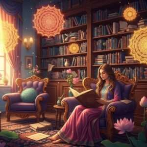 A serene, ethereal library scene where an Indian woman with long, flowing hair sits on a plush, antique chair, absorbed in a large, open book. The background features towering bookshelves filled with classic novels and ancient scrolls, bathed in a warm, golden light that emanates from glowing mandalas hovering above. Soft pastel hues of blue and pink fill the space, with delicate lotus flowers and intricate patterns subtly woven into the decor. The atmosphere exudes a sense of wisdom and tranquility, inviting viewers to explore the world of timeless literature. The art style is hyperrealistic, with a modern digital twist, blending traditional Indian motifs with contemporary aesthetics.