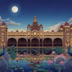An ethereal landscape showcasing the majestic Mysore Palace illuminated under a moonlit sky, with intricate patterns inspired by Pattachitra art subtly integrated into the palace architecture. The scene is filled with rich, deep colors such as maroon, gold, and peacock blue. In the foreground, a serene lotus pond reflects the palace's glowing lights, surrounded by stylized peacocks and mandalas. Soft pastel clouds drift across the sky, and the overall atmosphere conveys a sense of historical grandeur and cultural richness. The art style is hyperrealistic yet surreal, capturing the essence of India's historical depth and inviting viewers to delve into its legacy.