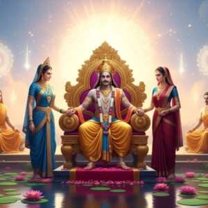 In a serene, ethereal landscape, portray King Yayati seated on an ornate, golden throne adorned with intricate Indian patterns. Surrounding him are the influential women from his life, each embodying love, rivalry, and sacrifice. One woman stands gracefully by his side in a flowing maroon saree with gold embroidery, her expression tender yet resolute. Another, in a rich peacock blue attire with elaborate jewelry, looks on with a competitive gaze, reflecting rivalry. A third woman, draped in soft saffron fabric, appears serene and composed, symbolizing sacrifice. The background features glowing mandalas and soft pastel hues, with lotus flowers scattered across a calm water surface, adding to the spiritual ambiance. The scene captures a sense of timeless beauty and profound impact, blending traditional Indian aesthetics with modern digital elegance.
