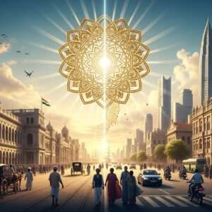 A hyperrealistic, serene illustration depicting a majestic transition scene from the colonial era to modern times. On the left, a traditional Indian landscape with colonial architecture, including grand colonial buildings and a bustling street of early 20th-century Madras, with people in traditional attire. On the right, a modern-day Tamil Nadu cityscape with contemporary architecture, featuring skyscrapers and bustling streets filled with people in modern attire. The center of the image is a golden, glowing mandala symbolizing transformation and continuity. The scene is bathed in soft pastel colors, with a warm golden light illuminating both eras, emphasizing a harmonious transition. The sky features a blend of historical and modern elements, like colonial-era ships in the distance on one side and modern airplanes on the other. The overall tone is ethereal and surreal, embodying the rich history and vibrant future of Tamil Nadu.