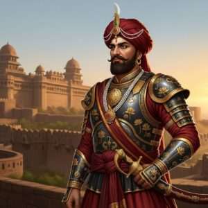 An intricately detailed digital illustration of an ancient Indian warrior with a regal presence, wearing traditional Maratha armor adorned with intricate gold patterns and motifs. The warrior stands confidently against a backdrop of an expansive, historical Maratha fort bathed in the warm glow of the setting sun. The scene is enriched with elements like flying saffron flags and subtle hints of a bustling market in the background. The color palette features rich hues of gold, maroon, and deep blue, accentuating the heritage and nobility associated with the Mahadik lineage. The overall tone is serene, ethereal, and steeped in history, capturing the essence of cultural pride and ancestry.
