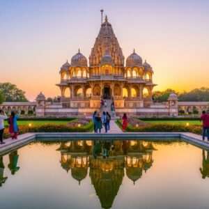 An ethereal scene depicting the historic Mahadji Shinde Chhatri, bathed in the warm glow of a setting sun, casting rich golden hues on its intricate architecture. The structure, adorned with ornate carvings and surrounded by lush gardens, reflects in a serene water surface in the foreground. Indian visitors in modern attire are seen exploring the site, capturing moments with their cameras, giving it a contemporary touch. Vibrant maroon and peacock blue elements subtly incorporated into the scene evoke traditional Indian art forms. The overall atmosphere is tranquil and inviting, with soft pastel skies and gently glowing lights enhancing the spiritual and historic significance of the site.