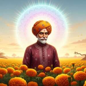 A serene, ethereal depiction of Mahatma Jyotirao Phule, portrayed as a wise, contemplative figure. He stands in a field of lush marigolds, symbolizing his dedication to education and social reform. His attire is traditional, featuring a vibrant, deep saffron turban and a maroon kurta, with intricate patterns inspired by Madhubani art. Behind him, an enormous glowing mandala with soft pastel hues illuminates the scene, casting a warm, golden glow. In the background, stylized Indian motifs of books and ploughs subtly integrate into the landscape, symbolizing his work in education and agriculture. The art style is hyperrealistic with a touch of digital fantasy, capturing the essence of serenity, wisdom, and reformative spirit. The atmosphere is tranquil and inviting, drawing the viewer into Mahatma Phule's legacy and inviting them to explore further.