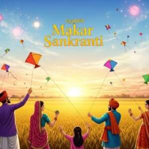 A serene, ethereal depiction of Makar Sankranti with a vibrant Indian rural landscape. In the foreground, an Indian family, dressed in traditional attire with intricate patterns and rich colors, participates in kite flying, their expressions joyful and content. The sky is filled with colorful kites against a soft pastel sunrise, casting a warm glow over golden fields of ripe crops ready for harvest. The scene includes stylized lotus flowers and glowing mandalas subtly embedded in the clouds. Traditional Indian motifs adorn the edges of the image, blending modern digital aesthetics with cultural heritage. The overall atmosphere conveys harmony, abundance, and the spiritual essence of this significant harvest festival.
