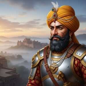 A regal Indian warrior, Bappa Rawal, depicted with a majestic presence in a hyperrealistic style. He is dressed in intricately detailed traditional Rajput armor with a flowing saffron turban. His expression is fierce yet composed, capturing his historical significance. The backdrop features a vast, ethereal landscape of Rajasthan, with ancient fortresses and palaces emerging from misty golden sands. The scene is illuminated by the soft glow of a rising sun, casting a warm, surreal light over the empire he once ruled. The atmosphere is serene and spiritual, with hints of peacock blue and maroon in the sky, symbolizing the rich heritage and legacy he left behind.