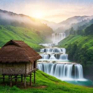 A breathtaking, hyperrealistic depiction of Meghalaya's lush, verdant landscape in 2026, featuring the famous towns of Cherrapunji and Mawsynram. The scene is enveloped in a soft, ethereal mist, creating a surreal atmosphere. In the foreground, a traditional Khasi hut stands on stilts amidst a vibrant expanse of rolling green hills, dotted with colorful wildflowers. A series of cascading waterfalls glisten in the background, their waters flowing into serene, crystal-clear pools. The sky is a brilliant canvas of pastel hues—soft blue and pale pink—enhanced by the golden glow of the setting sun. Traditional Indian motifs subtly integrated into the scenery, like delicate mandala patterns in the sky, add a touch of cultural depth. The overall ambiance is tranquil and inviting, embodying the serene beauty and mystical allure of Meghalaya.