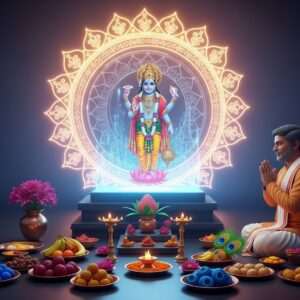 A serene and ethereal scene depicting a virtual Satyanarayan Puja. A beautifully crafted digital altar set with a glowing, intricately designed mandala in the background, emanating soft golden and pastel blue hues. In the center, a holographic image of Lord Satyanarayan, depicted with traditional features: four arms, holding a lotus in one hand, a conch in another, a discus and a mace in the remaining hands. The deity is surrounded by a digital aura, reflecting modern technology's embrace of tradition. Below the altar, an array of vibrant offerings like fruits, sweets, and flowers in deep maroon and peacock blue. An Indian pandit in traditional attire appears virtually, guiding the puja with folded hands. The setting conveys tranquility, modernity, and cultural richness, blending digital elements with traditional worship practices seamlessly.