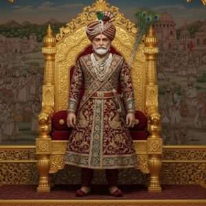 A regal depiction of Bappa Rawal, a legendary Indian king, standing majestically on a grand, intricately carved throne made of gold and adorned with traditional Rajasthani motifs. He is depicted wearing a richly embroidered royal robe in deep maroon and peacock blue, with an ornate turban crowned with a peacock feather. His face exudes wisdom and nobility, with a serene yet commanding gaze. In the background, a vibrant tapestry showcasing scenes from his notable achievements and titles, surrounded by soft, ethereal glowing lights. The setting is framed by traditional Rajasthani architecture, blending seamlessly with modern digital aesthetics, featuring deep colors and intricate patterns. The overall tone is one of grandeur, heritage, and timeless legacy.