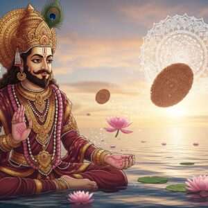 A regal Indian king, Yayati, depicted in a vibrant and ethereal setting. He stands with a majestic presence, adorned in traditional royal attire with rich maroon and gold hues, intricately detailed with Pattachitra patterns. His expression reflects wisdom and contemplation. Around him, a soft glow emanates, surrounded by surreal elements like glowing mandalas and serene lotus flowers, symbolizing spiritual enlightenment and the passage of time. In the background, a dreamy landscape with pastel clouds and a calm water surface enhances the scene's tranquil atmosphere. The art style is hyperrealistic, merging traditional Indian motifs with modern digital aesthetics, drawing the viewer into the mythical yet meaningful story of Yayati.