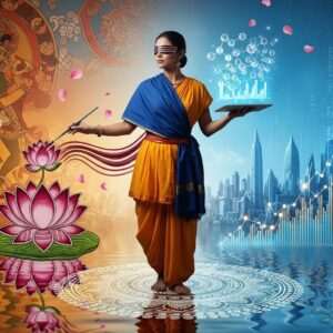 A serene Indian visionary standing at the intersection of art and science. On one side, they hold a glowing paintbrush, painting vibrant, intricate patterns reminiscent of Madhubani art in deep colors like maroon and peacock blue, with lotus motifs and mandalas swirling around. On the other side, they hold a holographic tablet displaying complex scientific diagrams in pastel hues of soft blue and warm gold. The background is an ethereal blend of traditional Indian art forms merging into modern digital aesthetics, with a calm water surface reflecting both aspects of their talents. The lighting is soft and glowing, creating a harmonious balance that emphasizes creativity and intellect. The scene has a hyperrealistic, surreal quality, inviting viewers into a world where tradition meets innovation.