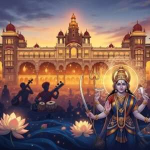 A majestic scene of Mysore Palace illuminated under a deep, twilight sky, with intricate details highlighting its Indo-Saracenic architecture. The palace is bathed in a warm golden glow, reflecting rich cultural heritage. In the foreground, an ethereal rendition of the Goddess Chamundeshwari, depicted with four arms holding a trident, sword, conch, and lotus, exudes serenity and grace. Surrounding her are soft, glowing mandalas and delicate lotus blooms. In the background, silhouettes of traditional musicians playing Indian instruments, echoing the state anthem, add a sense of historical depth. The atmosphere is tranquil and surreal, with hints of saffron, maroon, and peacock blue blending into a harmonious palette that embodies both tradition and modern digital aesthetics.