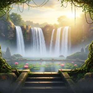 A serene depiction of Sasaram's sacred waterfalls, cascading with crystal-clear water under a golden, glowing sunset sky. The scene is imbued with a tranquil aura, featuring softly lit water reflections and misty surroundings that evoke spirituality. In the foreground, a kund is illustrated with its ancient stone steps leading down to the reflective water, surrounded by lush greenery and lotus flowers. Hindu spiritual symbols are subtly integrated into the patterns of the rocks and foliage. The lighting is ethereal, with pastel hues of soft blue, pale pink, and warm gold, creating a surreal and peaceful ambiance. The art style is hyperrealistic with a touch of the fantastical, embodying both the spiritual significance and natural beauty of these sanctuaries.