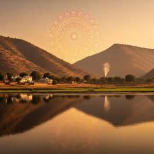 A serene, ethereal landscape of Pali District, Rajasthan, with its rolling hills and expansive desert terrain. The foreground features a calm water surface reflecting a softly glowing mandala in the sky, symbolizing spirituality and harmony. In the distance, small traditional villages with whitewashed walls are nestled amidst lush greenery. The scene is bathed in a warm, golden light, enhancing the rich colors of maroon, saffron, and peacock blue. Traditional Indian motifs are subtly integrated into the patterns of the landscape. The art style is hyperrealistic yet surreal, capturing the essence of a peaceful pilgrimage journey in this culturally vibrant district. The overall mood is one of tranquility and mindfulness, inviting readers to explore and connect with the spiritual heritage of Pali.