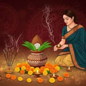 A serene depiction of a traditional Indian altar set for Ghatasthapana during Navratri, featuring an intricately adorned clay pot (kalash) with fresh mango leaves and a coconut placed on top. Surrounding the kalash are vibrant marigold flowers and incense sticks emitting soft, fragrant smoke. The background is a fusion of modern digital aesthetics and traditional Madhubani art, with rich hues of maroon, saffron, and peacock blue. In the foreground, a graceful Indian woman in an elegant, modern saree in gold and teal performs the rituals with reverence. Soft glowing lights illuminate the scene, creating an ethereal atmosphere, while subtle patterns of lotus flowers and mandalas enhance the spiritual essence. The focus is on serenity, tradition, and the harmonious blend of heritage with contemporary design.