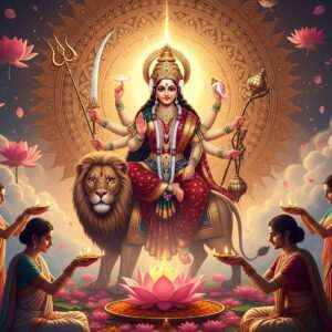 A serene and ethereal scene depicting Goddess Durga with ten arms, each holding traditional weapons like the trident, discus, conch, and lotus. She is seated on a majestic lion against a backdrop of intricate, glowing mandalas in hues of gold and maroon. The environment is adorned with vibrant lotus flowers and soft, pastel-colored clouds, creating a dreamlike atmosphere. Indian women dressed in elegant sarees are seen performing traditional Navratri rituals with offerings and lamps, their expressions serene and devoted. The lighting is warm and gentle, casting a divine glow over the entire scene. The art style is hyperrealistic with a touch of the surreal, combining traditional Indian artistic motifs with a modern digital aesthetic to emphasize spirituality and cultural heritage.