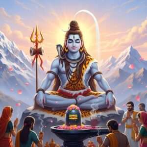 In a serene and ethereal setting, depict Lord Shiva in a meditative pose atop a snow-capped Himalayan peak. His form is majestic, with a glowing third eye on his forehead, a crescent moon resting in his flowing, matted locks, and the sacred river Ganga cascading gently from his hair. His throat is adorned with a shimmering blue hue, and he wears a garland of Rudraksha beads around his neck. In one hand, he holds a trident, while the other rests gracefully on his knee in a mudra of blessing. A soft, golden aura surrounds him, with ethereal lotus petals floating in the air. In the foreground, a beautifully adorned Shiva Lingam is encircled by devotees in traditional Indian attire, offering flowers and lighting incense. The scene is bathed in soft pastel colors of pink, blue, and gold, creating an atmosphere of tranquility and devotion. The art style is hyperrealistic with intricate patterns inspired by traditional Indian art forms, merging seamlessly with modern digital aesthetics.