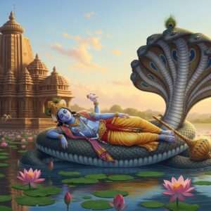 A serene and ethereal scene depicting Lord Vishnu in his Anantashayana (reclining) pose, lying on the coiled serpent Ananta amidst a tranquil water body. The background features an ancient temple inspired by Odisha's architectural style, with intricate carvings and sculptures reflecting traditional Indian artistry. Soft, glowing pastel hues of blue and gold envelop the scene, while subtle lotus motifs float gently on the water surface. The lighting is delicate and spiritual, casting a warm, divine glow over the entire composition, creating an aura of peace and divinity. The art style merges hyperrealistic detail with surreal, dreamlike elements, capturing the spiritual essence and cultural richness of Odisha's heritage.
