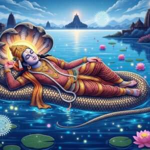 An ethereal depiction of the Anantashayana Vishnu, lying majestically on the coiled, cosmic serpent Ananta, set against a serene, surreal landscape that merges the rich traditions of Odisha with modern digital aesthetics. Vishnu's form is adorned with intricate patterns of maroon and gold, surrounded by a luminous aura. The backdrop is a tranquil expanse of deep peacock blue waters, reflecting soft glowing lights. In the foreground, delicate lotus flowers and glowing mandalas float gently on the water's surface. The scene is serene and spiritual, capturing the timeless essence of Odisha's heritage with a contemporary touch, inviting viewers to embark on a journey through time and culture.